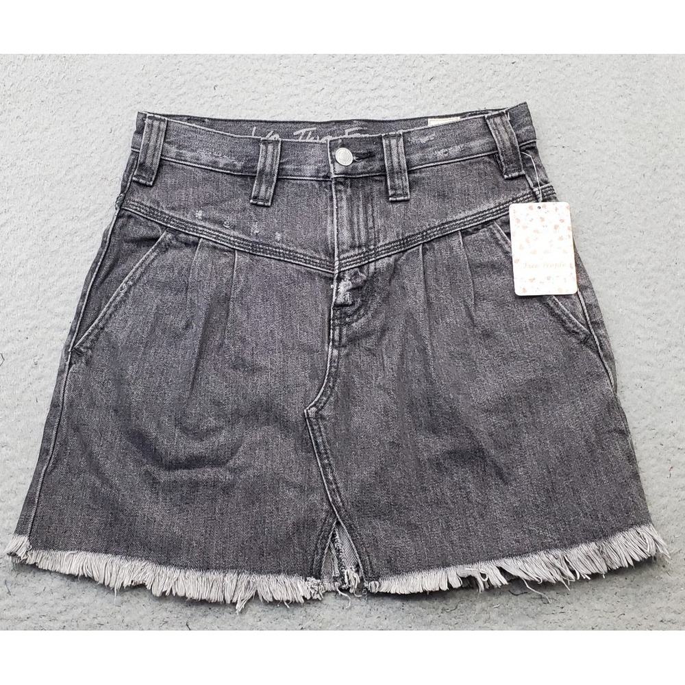 Free People We The Free Sidecar Mini Skirt Womens 24 Gray Denim Frayed Hem